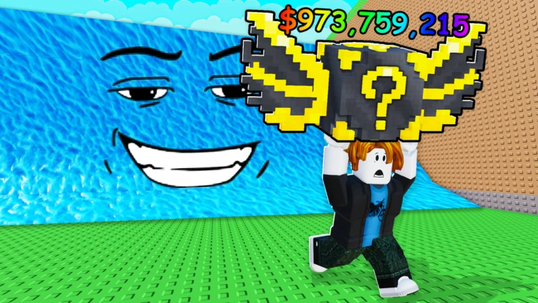 Escape Waves For Lucky Blocks Roblox gameplay - character holding a Lucky Block while escaping a wave in Escape Waves For Lucky Blocks